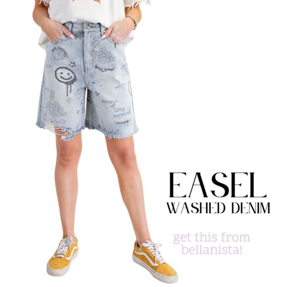 Easel Washed Denim Jean Shorts with Floral Print - Picture 3 of 5